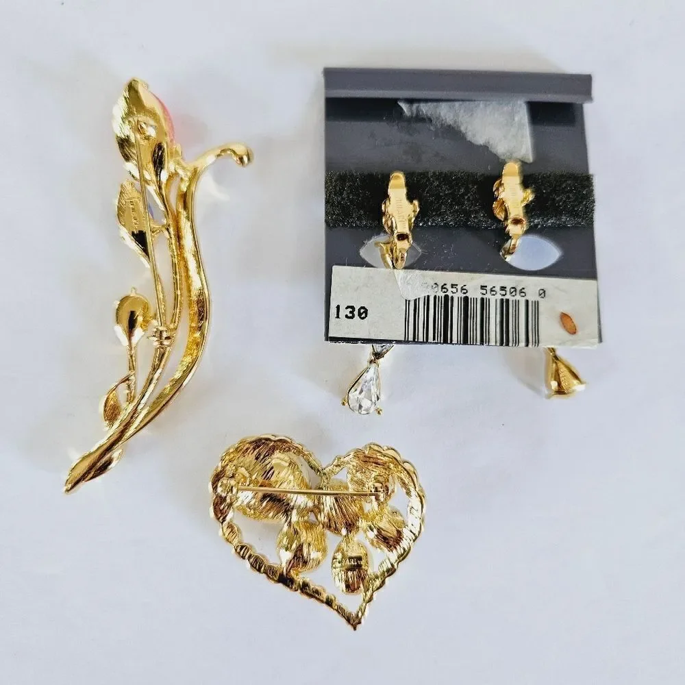 Lot 3 Trifari Signed Rhinestone Lucite Cabochon Floral Heart Earrings Brooches